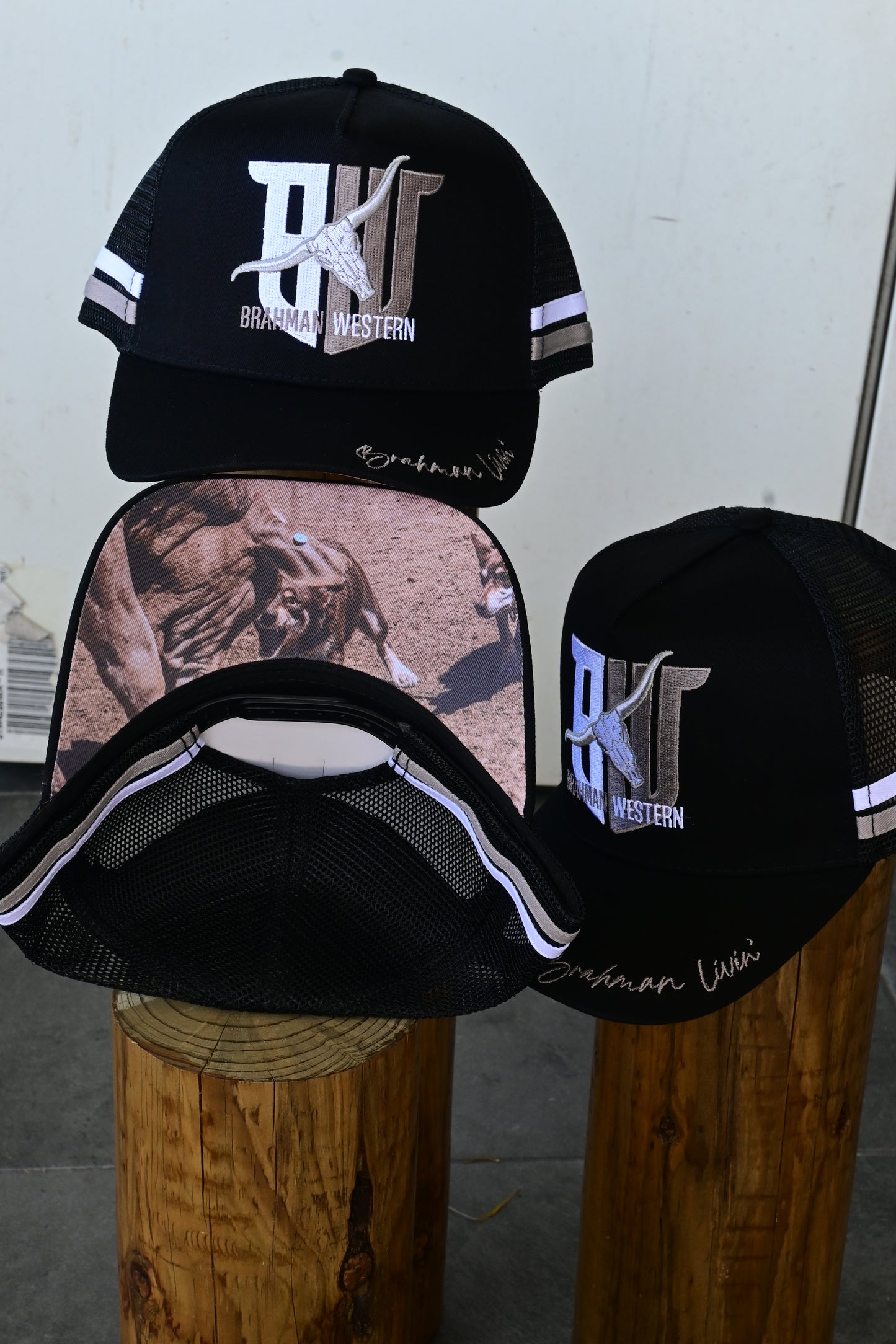 Brahman Western - Black with Grey and White Stripes - Trucker Cap