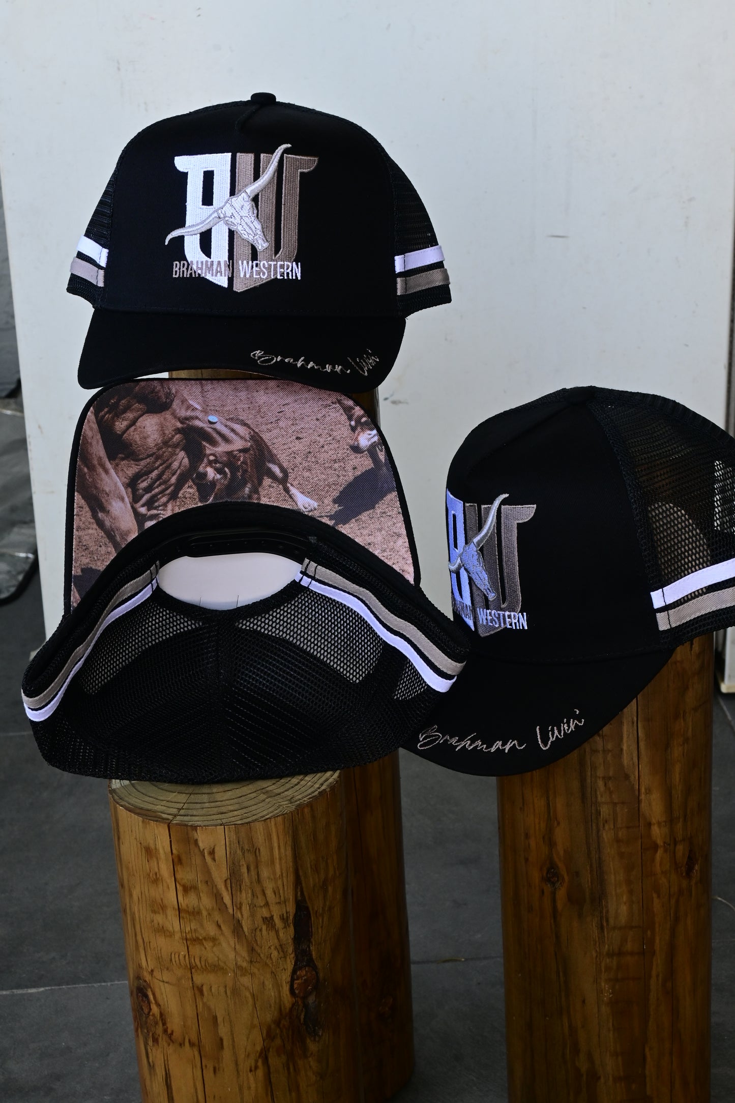 Brahman Western - Black with Grey and White Stripes - Trucker Cap