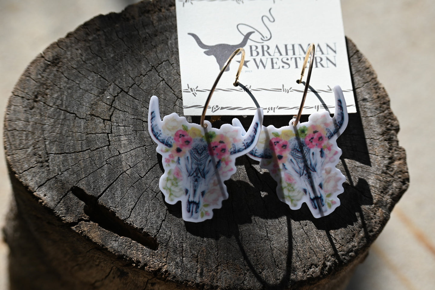 Bull Skull & Flowers Drop Hoop Dress Earrings