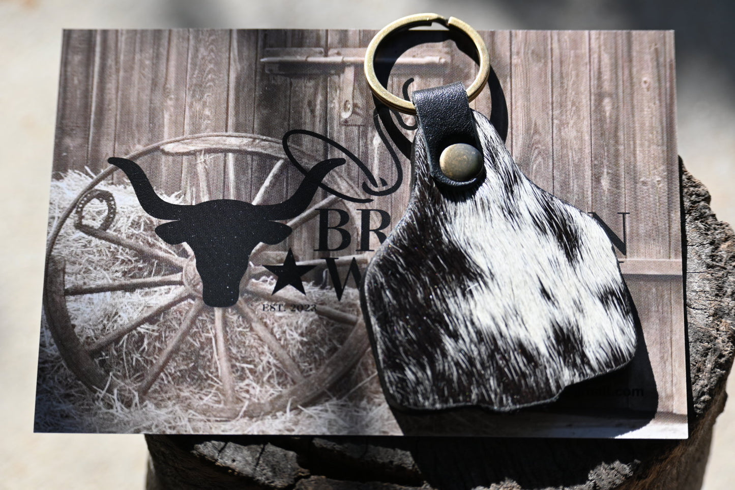 Cowhide Cattle Tag Keychain - Salt n Pepper