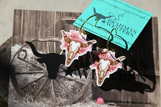 Bull Skull and Rose Drop Hoop Earrings