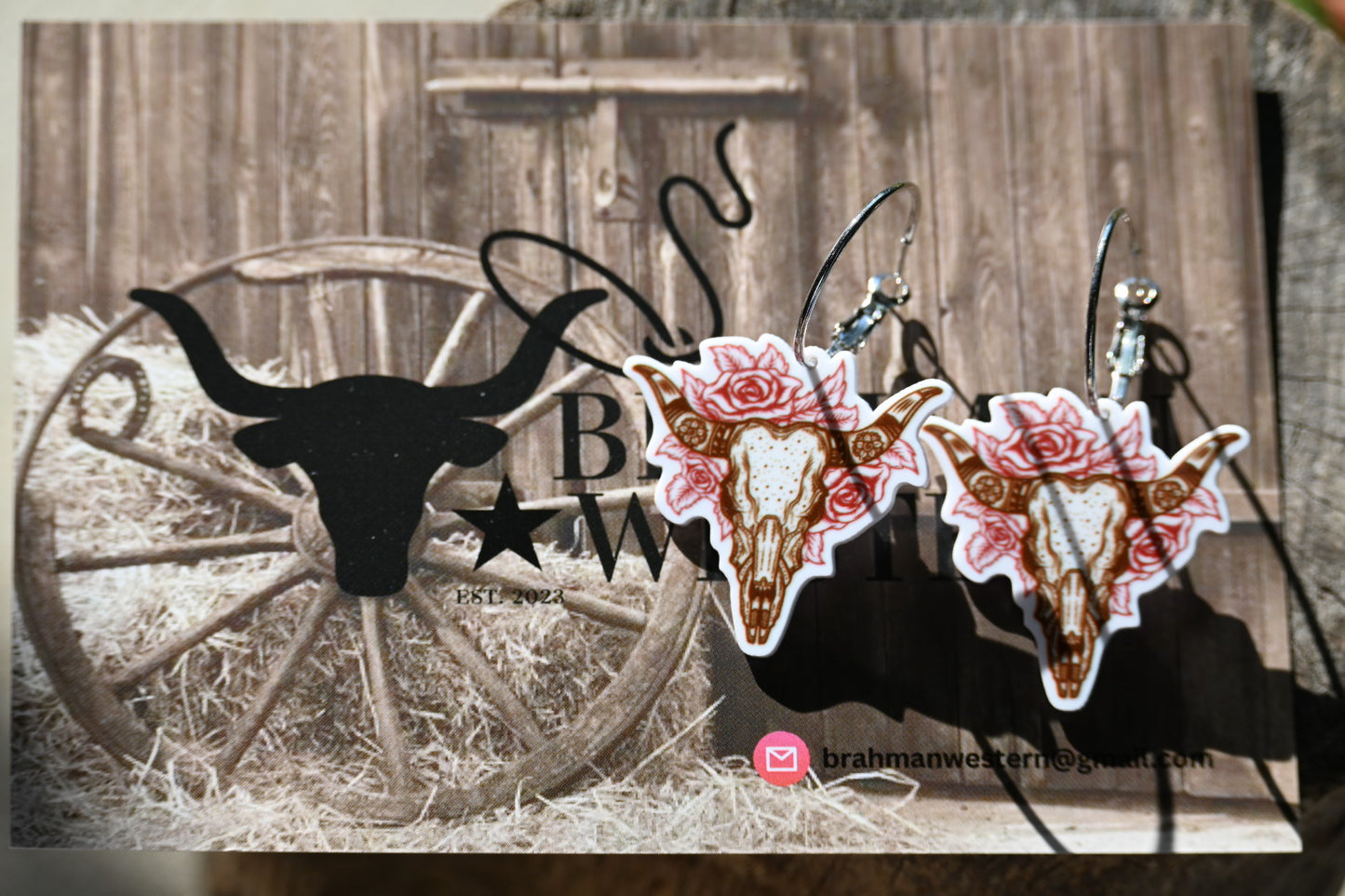 Bull Skull and Rose Drop Hoop Earrings