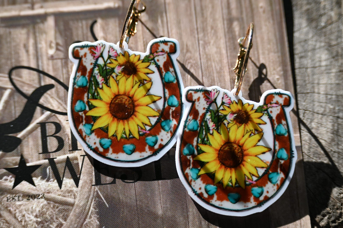 Horse Shoe & Sun Flowers Drop Hoop Dress Earrings