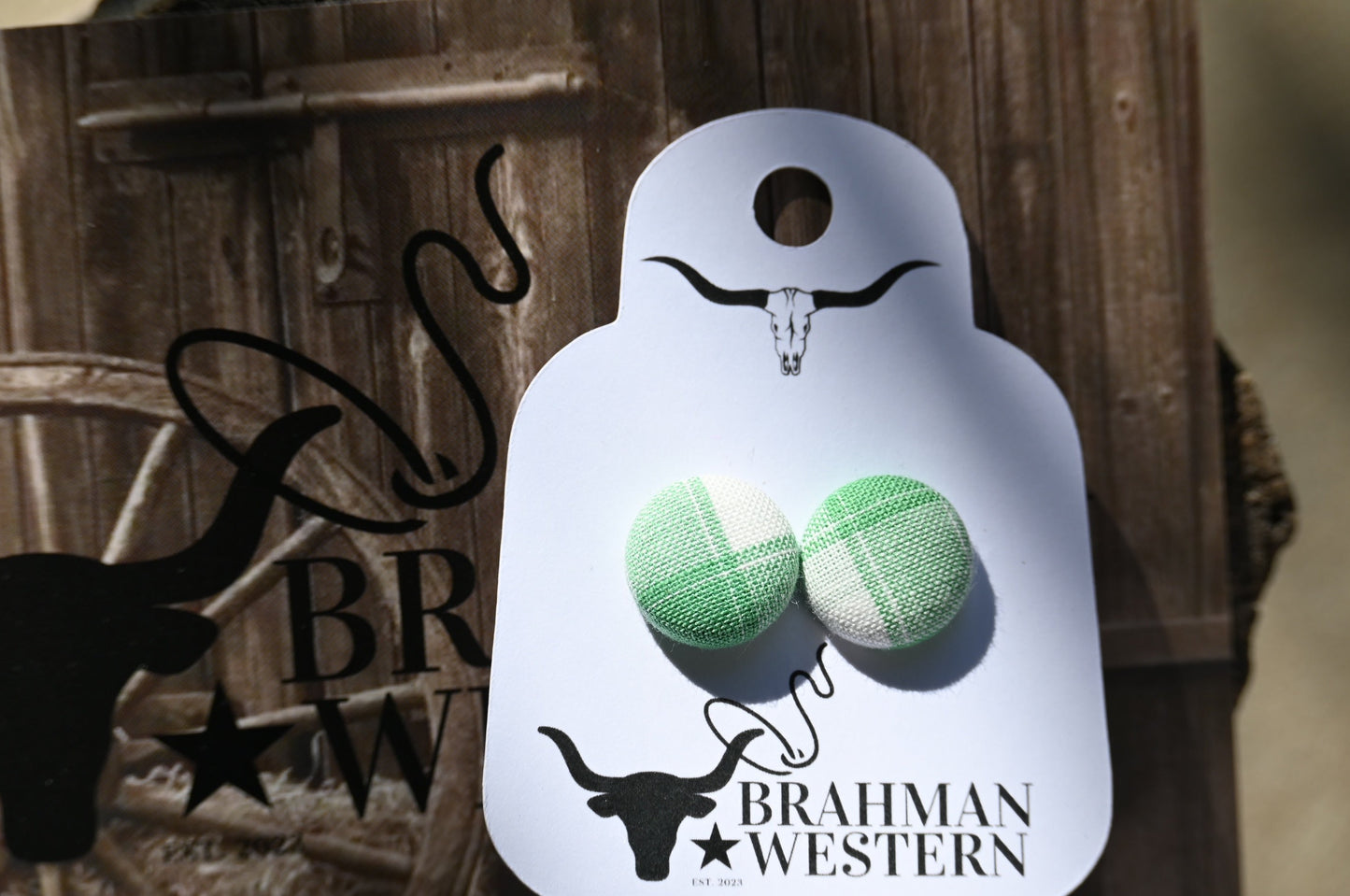 Green & White Gingham Button Earrings