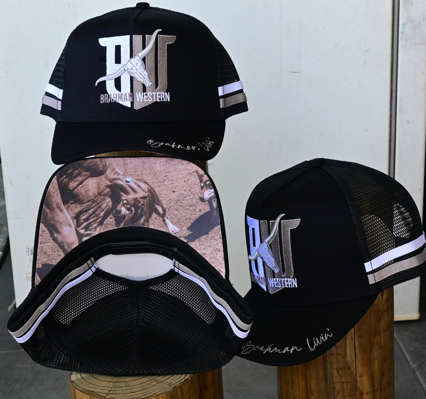 Brahman Western - Black with Grey and White Stripes - Trucker Cap