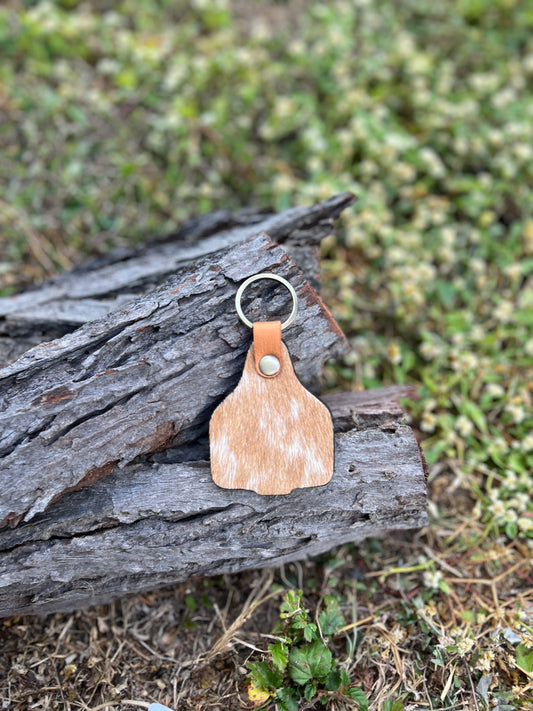 Cowhide Cattle Tag Keychain - Tan/White