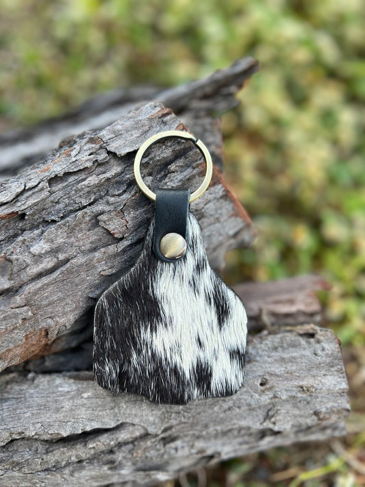 Cowhide Cattle Tag Keychain - Salt n Pepper