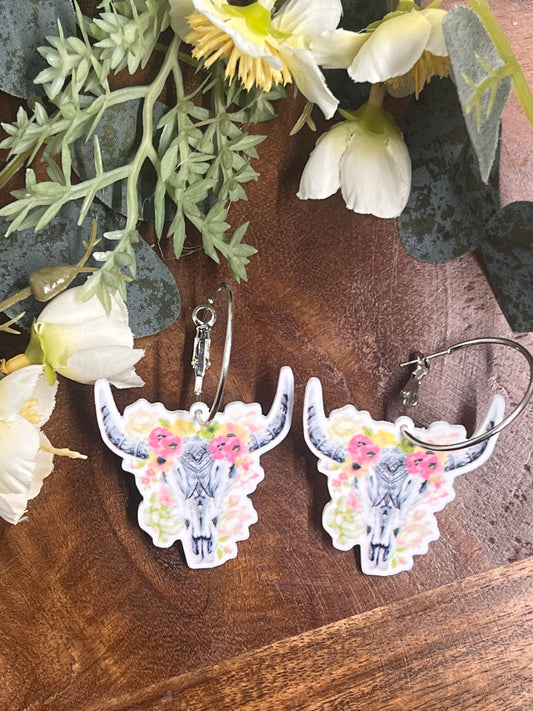 Bull Skull & Flowers Drop Hoop Dress Earrings