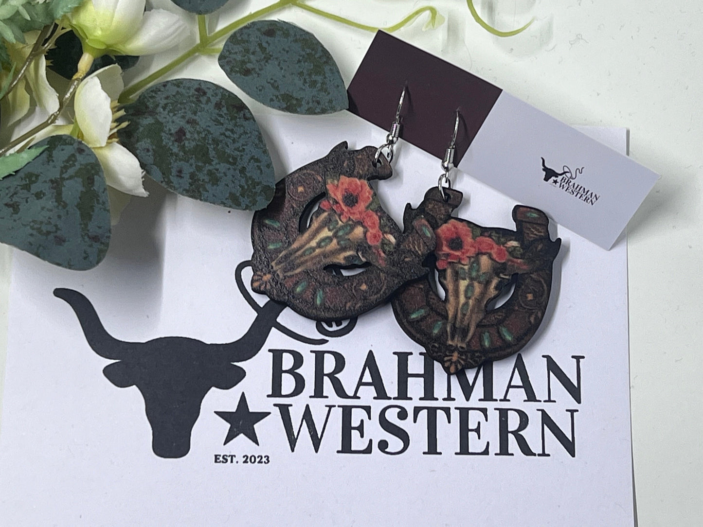 Wooden Western Horse Shoe & Bull Skull Drop Dress Earrings