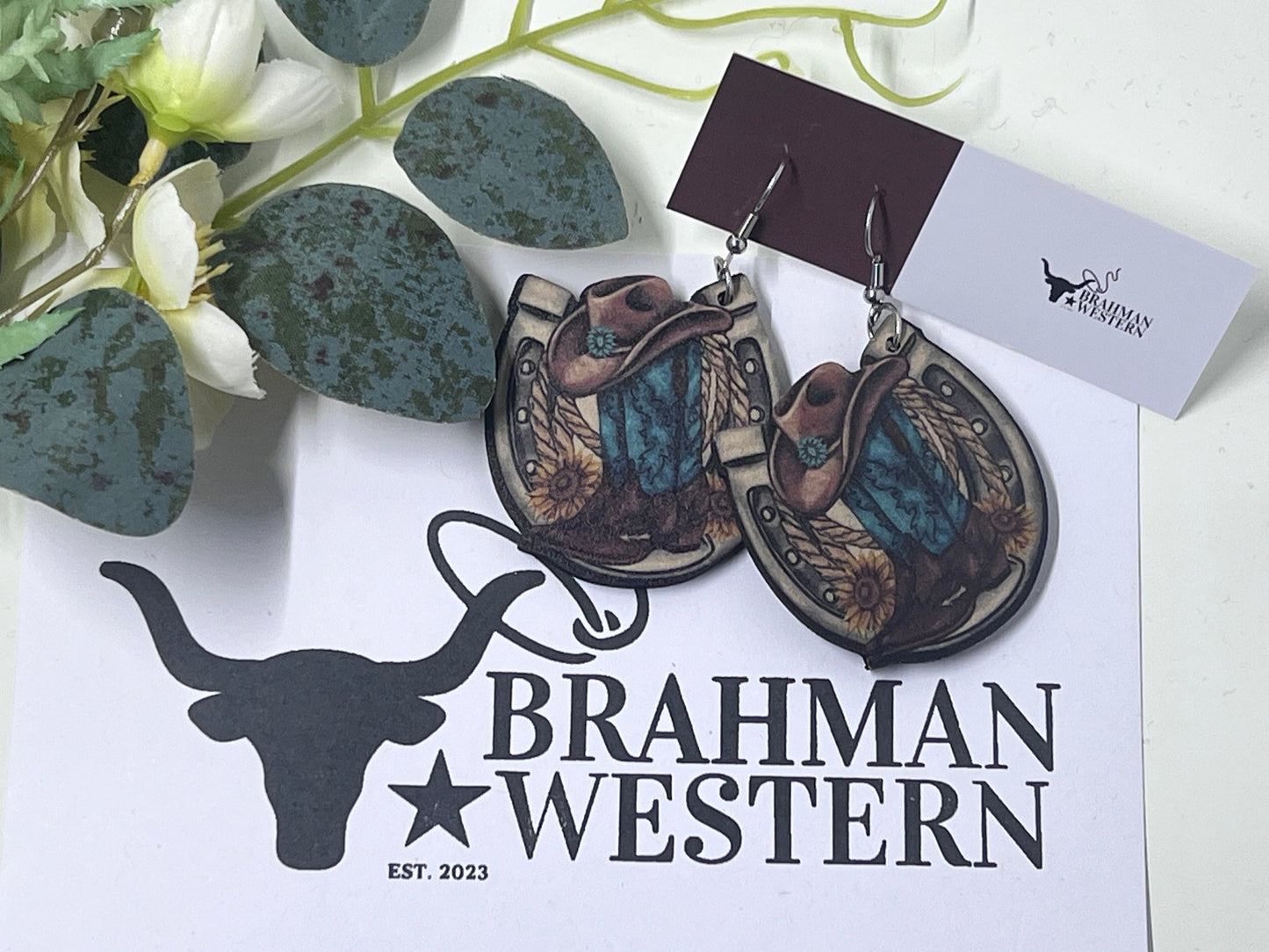 Wooden Western Horse Shoe & Cowboy Boot Drop Dress Earrings