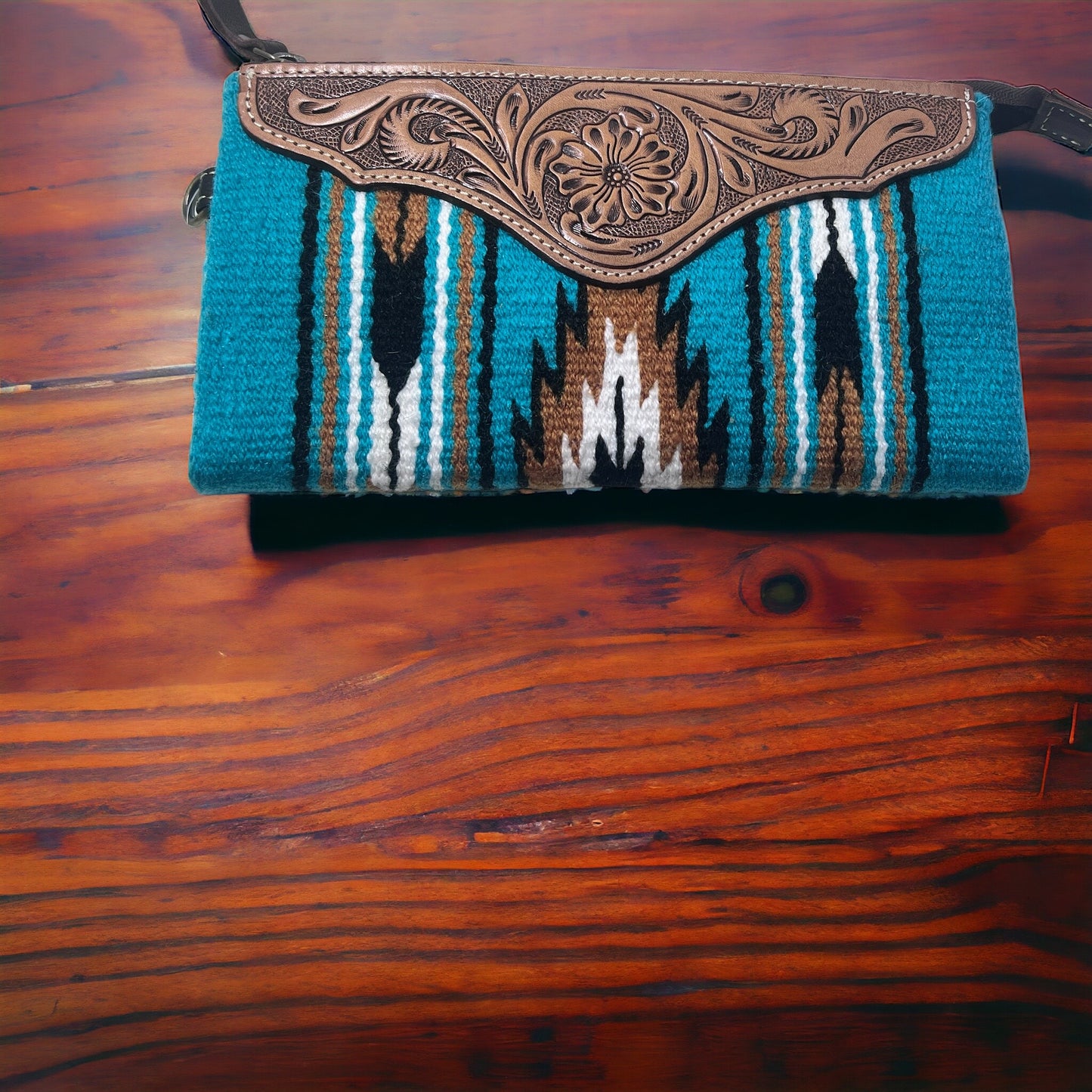 Turquoise Saddle Blanket Clutch with Tooled Leather