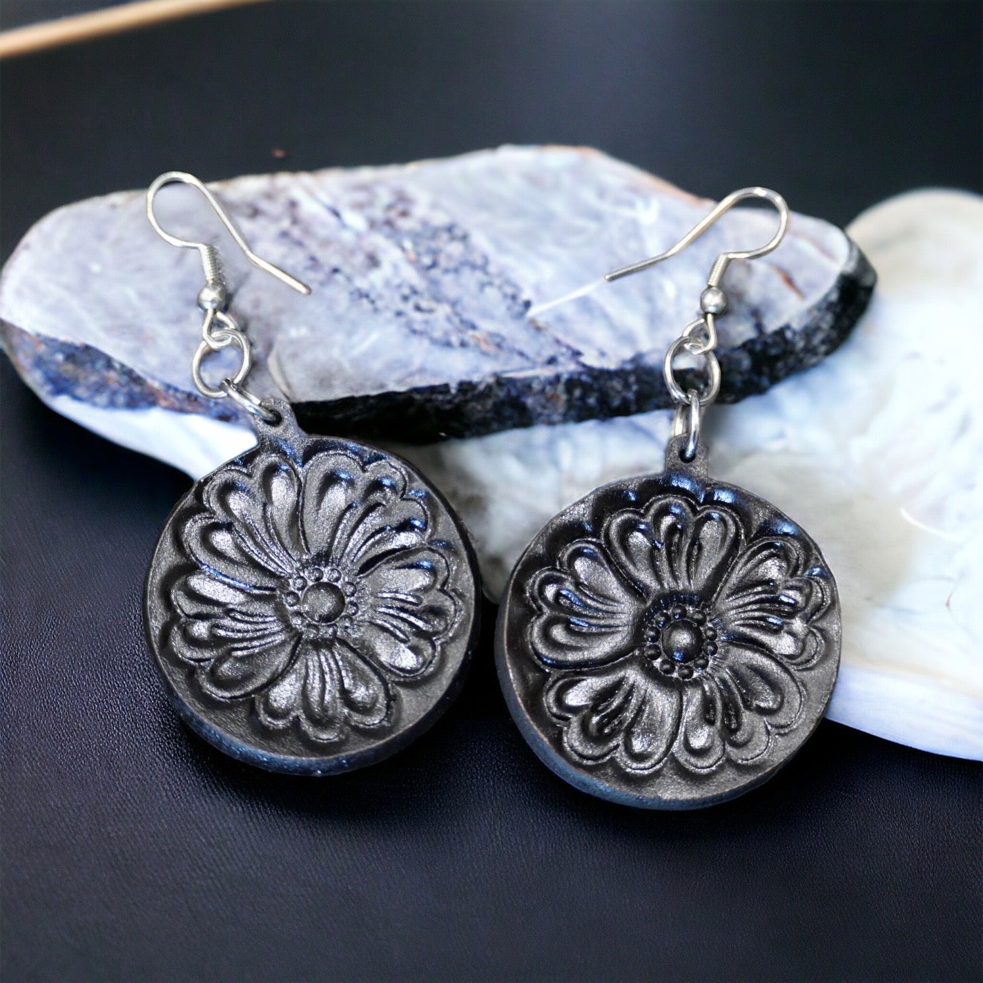 Tooled Leather Round Drop Earrings – Surgical Steel - Black