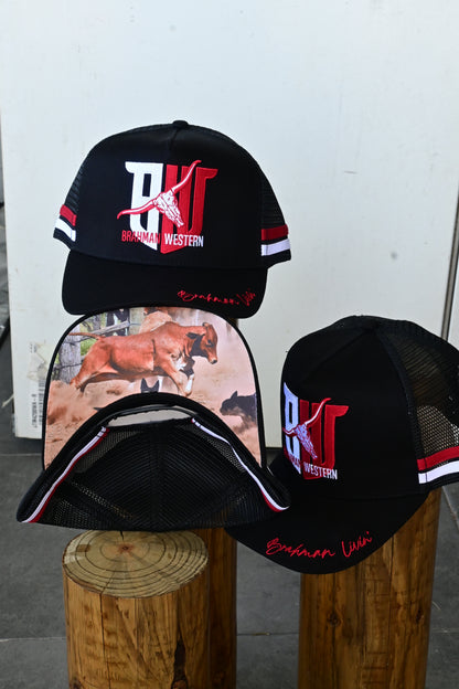 Brahman Western - Black with Red and White STRIPES- Trucker Cap