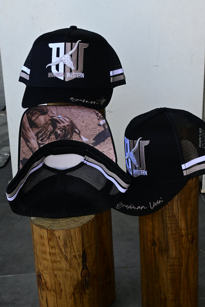 Brahman Western - Black with Grey and White Stripes -  Trucker Cap