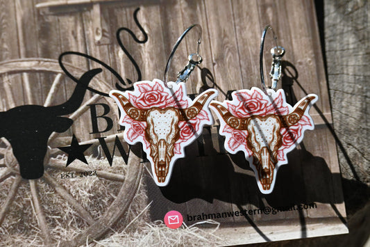 Bull Skull and Rose Drop Hoop Earrings