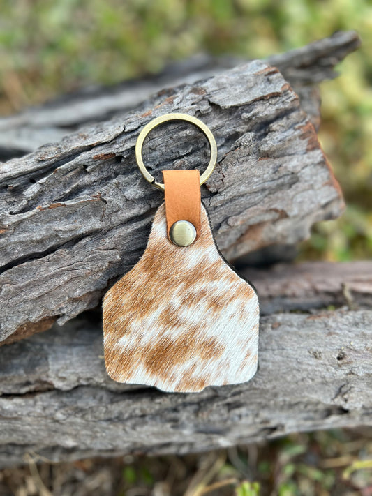 Cowhide Cattle Tag Keychain - Tan/White