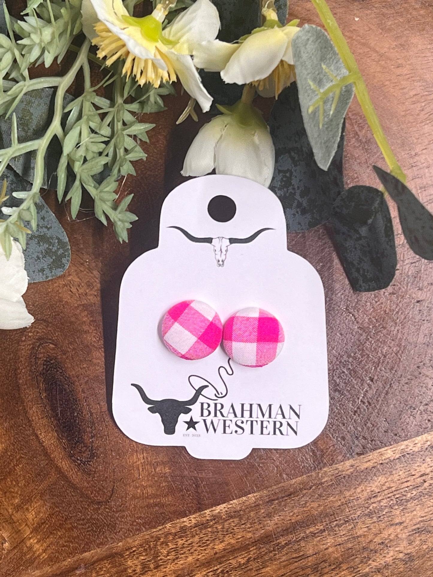 Pink Gingham Button Earrings