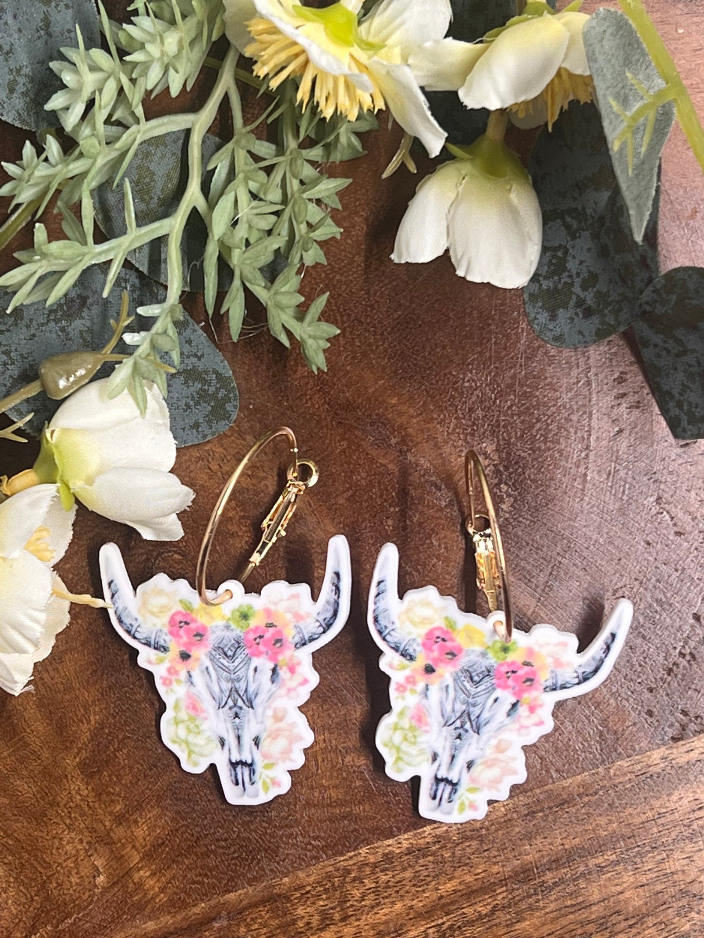 Bull Skull & Flowers Drop Hoop Dress Earrings