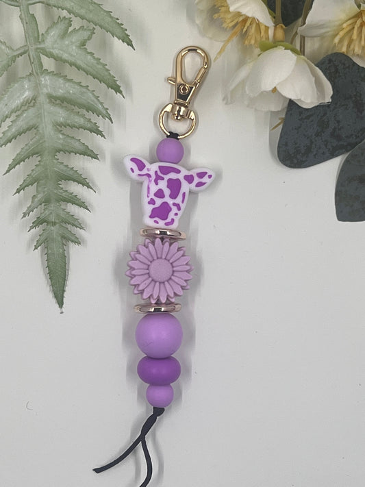 Cow Head Keyrings # 2 - Purple with purple flower