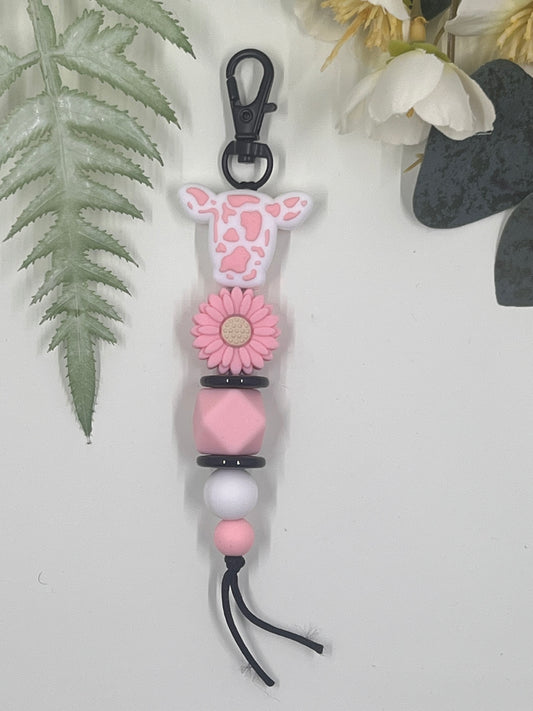 Cow Head Keyrings # 6 - Ligh Pink with Flower