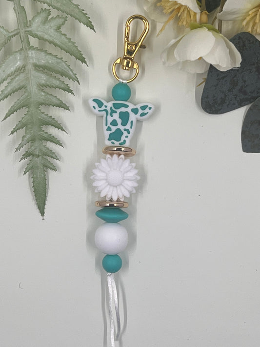 Cow Head Keyrings # 16 - Teal White with Flower