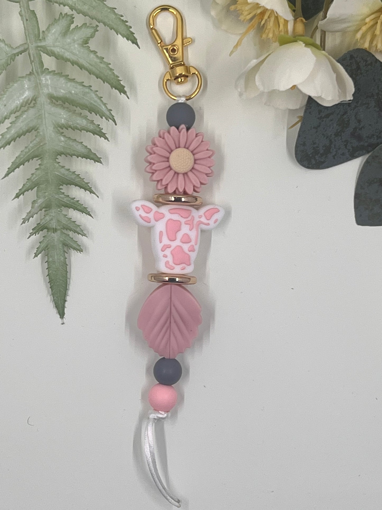 Cow Head Keyrings # 9 - Rose Pink with Flower & Leaf