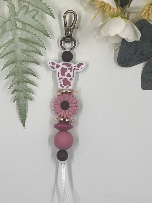 Cow Head Keyrings # 3 - Dusty Pink with flower