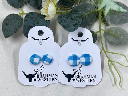 Blue Gingham Button Earrings