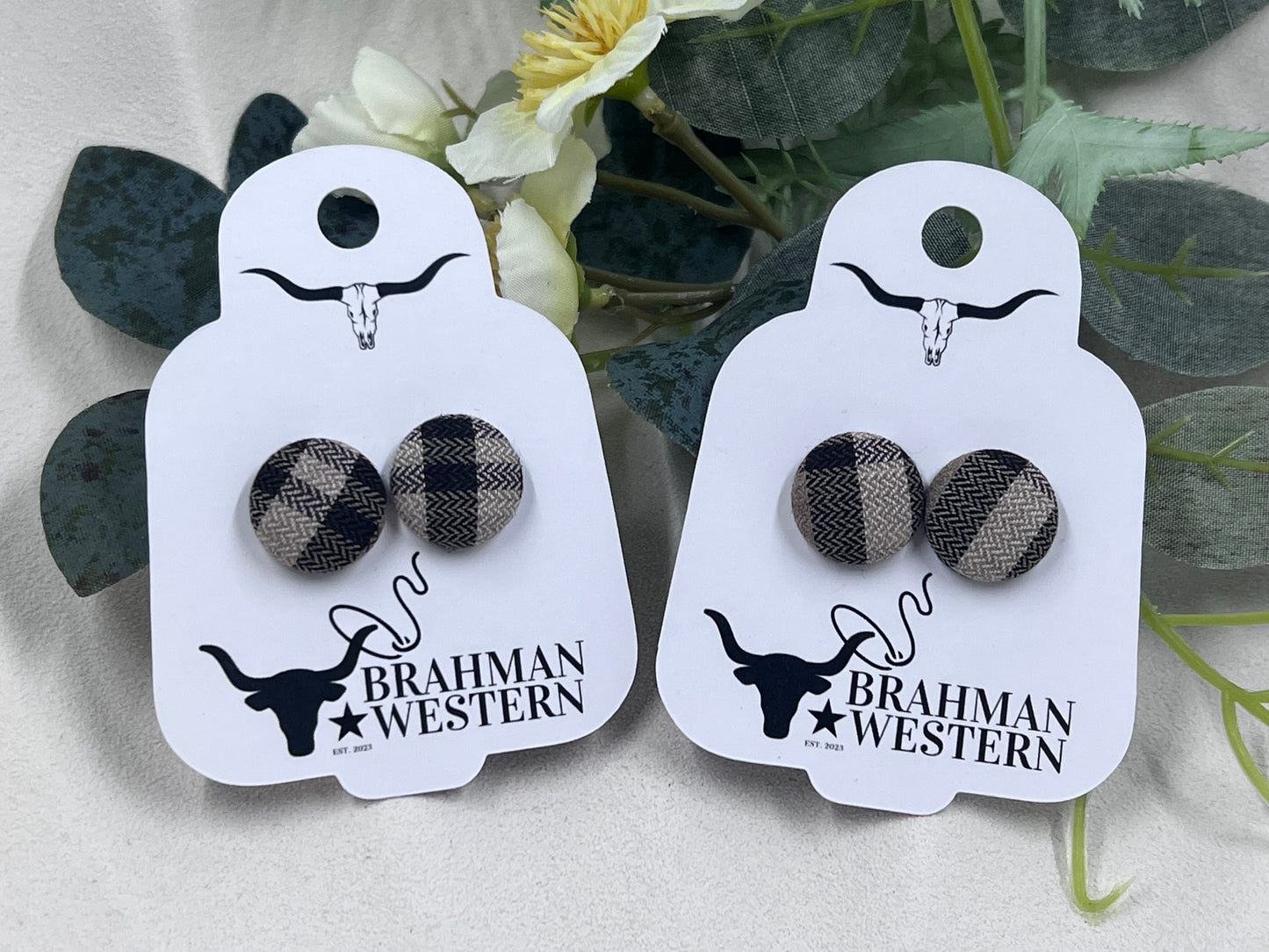 Dark Brown and White Gingham Button Earrings