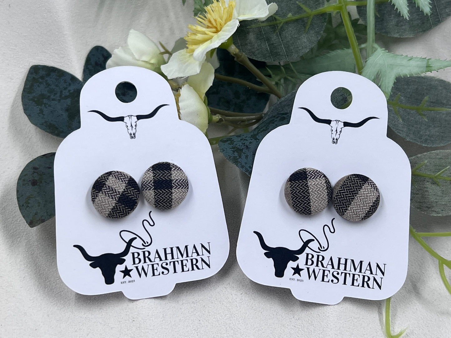 Dark Brown and White Gingham Button Earrings