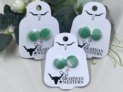 Green & White Gingham Button Earrings