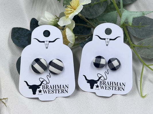 Black and White Gingham Button Earrings