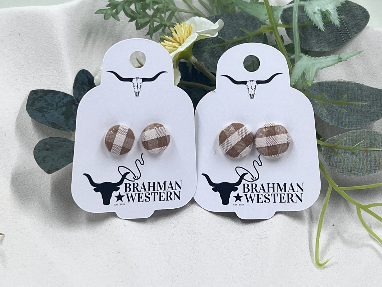 Brown Gingham Button Earrings