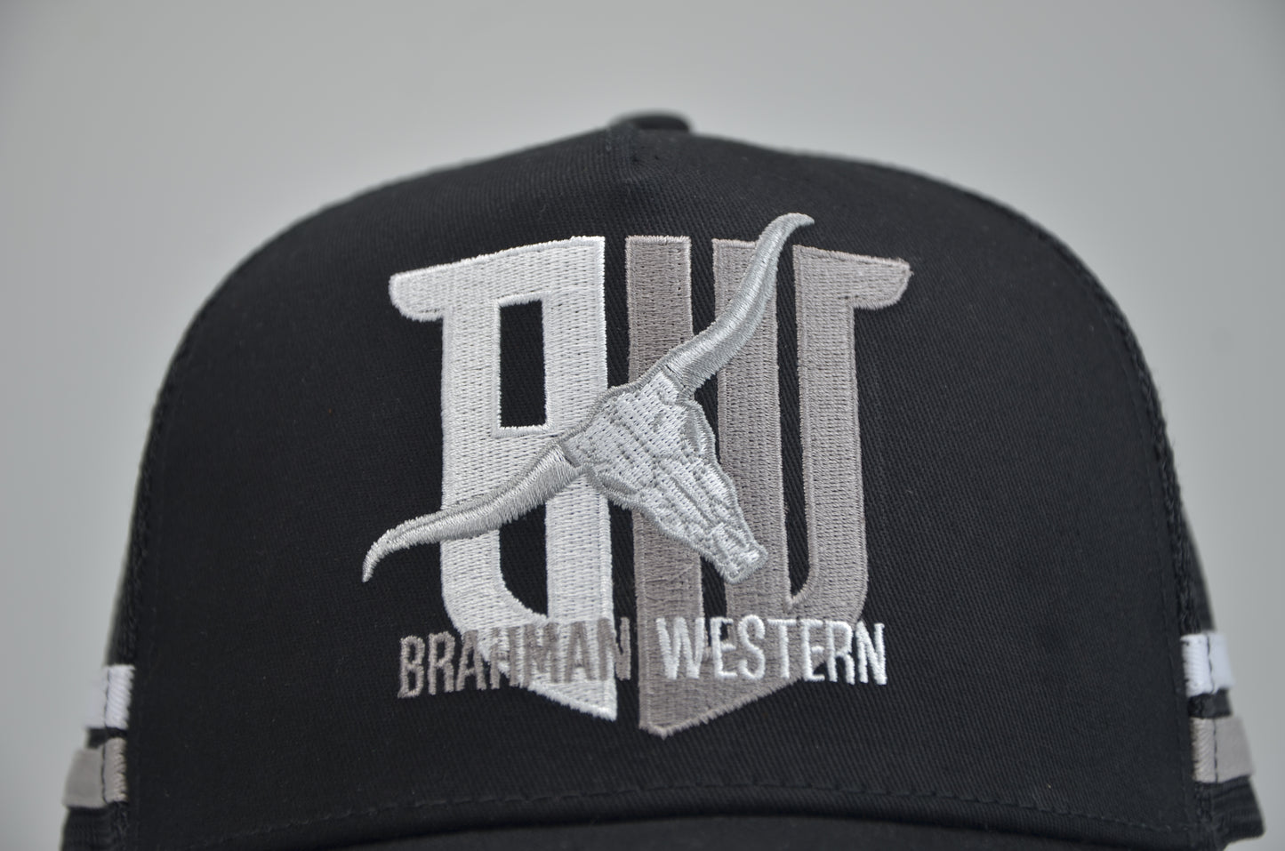 Brahman Western - Black with Grey and White Stripes -  Trucker Cap