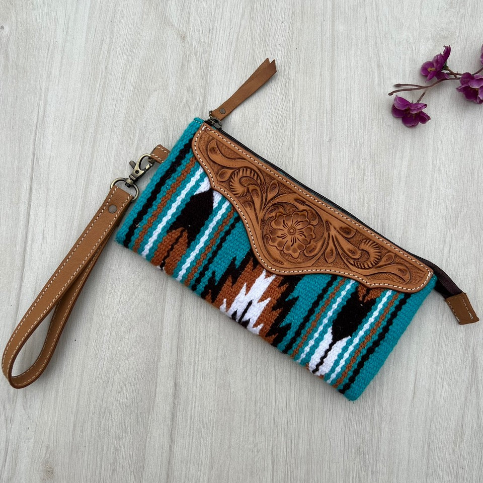Turquoise Saddle Blanket Clutch with Tooled Leather
