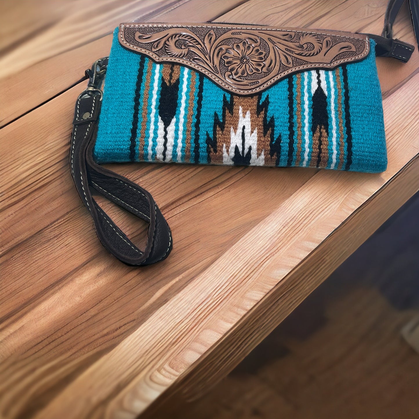 Turquoise Saddle Blanket Clutch with Tooled Leather