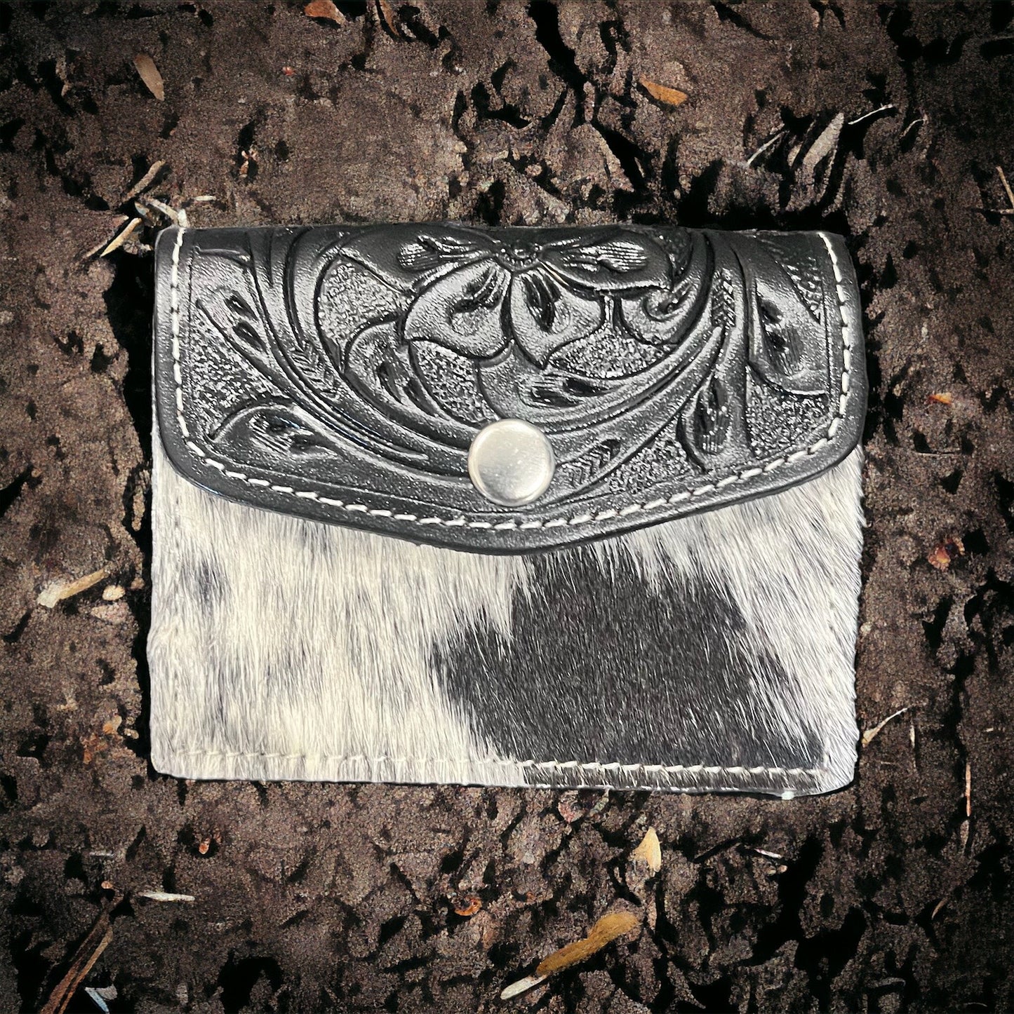 Cowhide Card Purse with Tooling Leather Flap