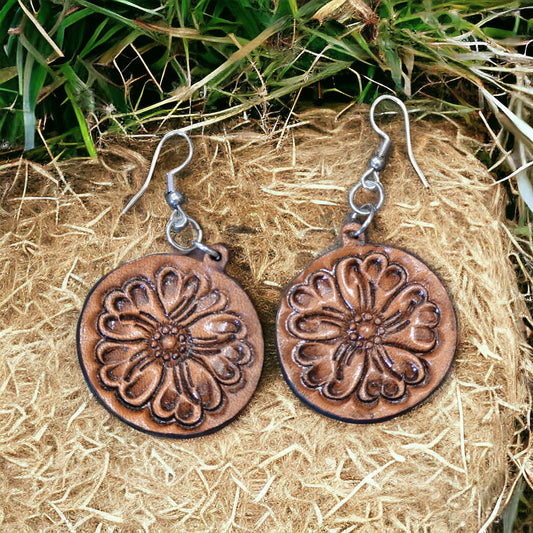 Tooled Leather Round Drop Earrings –  Surgical Steel - Brown