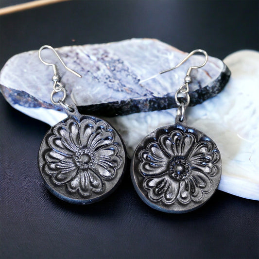 Tooled Leather Round Drop Earrings –  Surgical Steel - Black