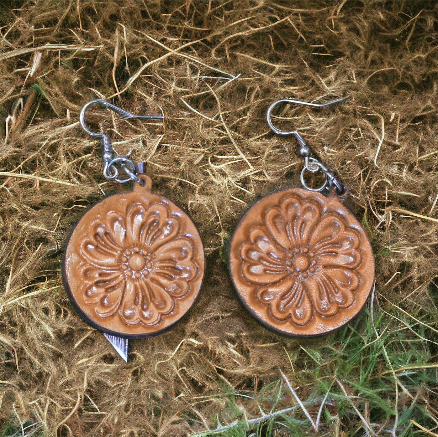 Tooled Leather Round Drop Earrings –  Surgical Steel - Tan