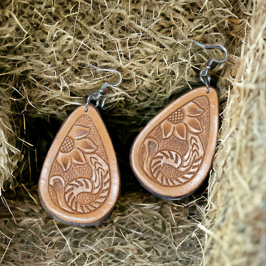 Tooled Leather Pair Drop Earrings –  Surgical Steel - Tan